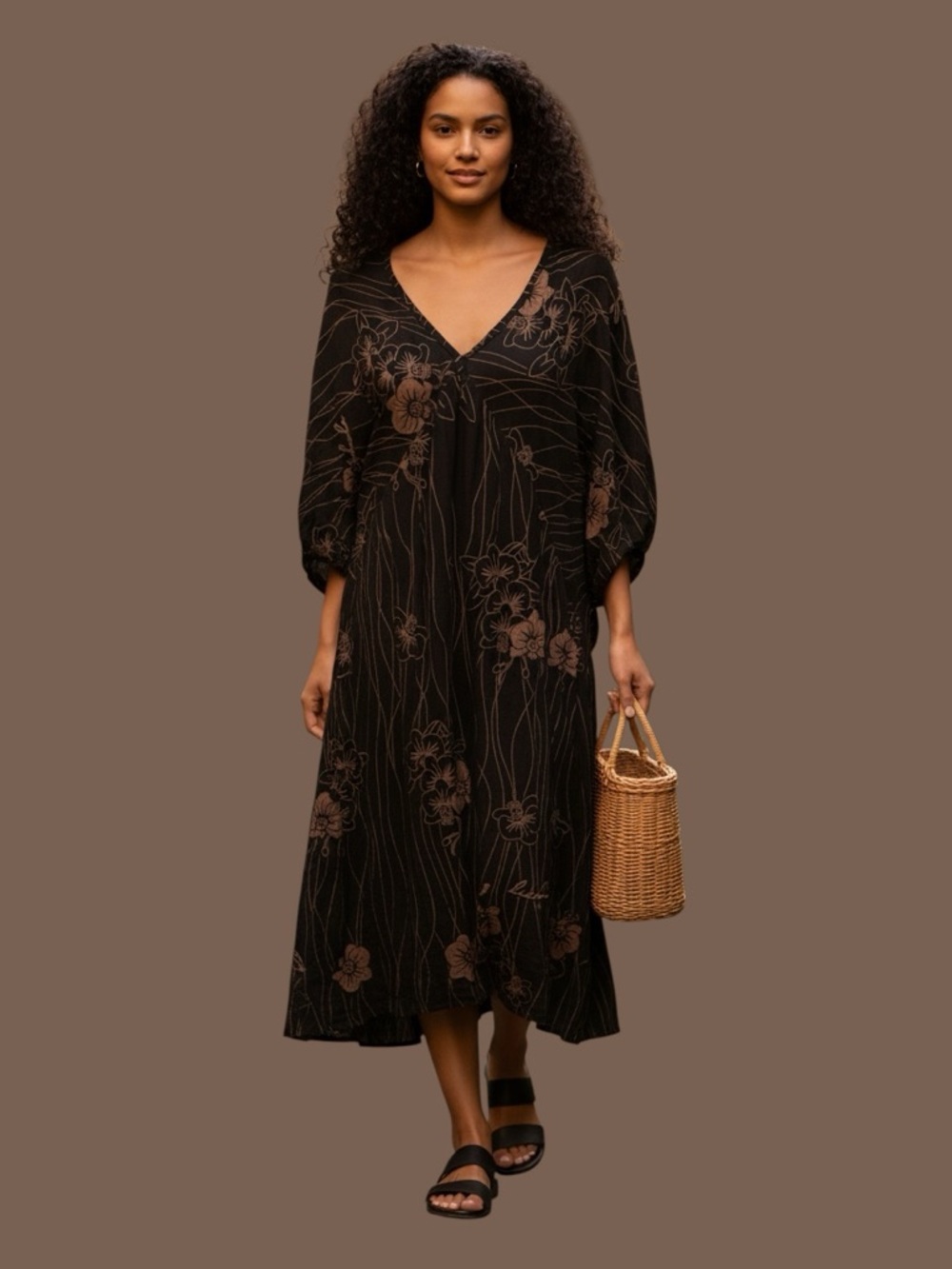 Chic Black and Brown Floral Midi Dress